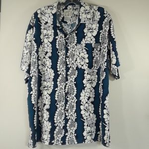 Dark teal and white rayon men's aloha shirt